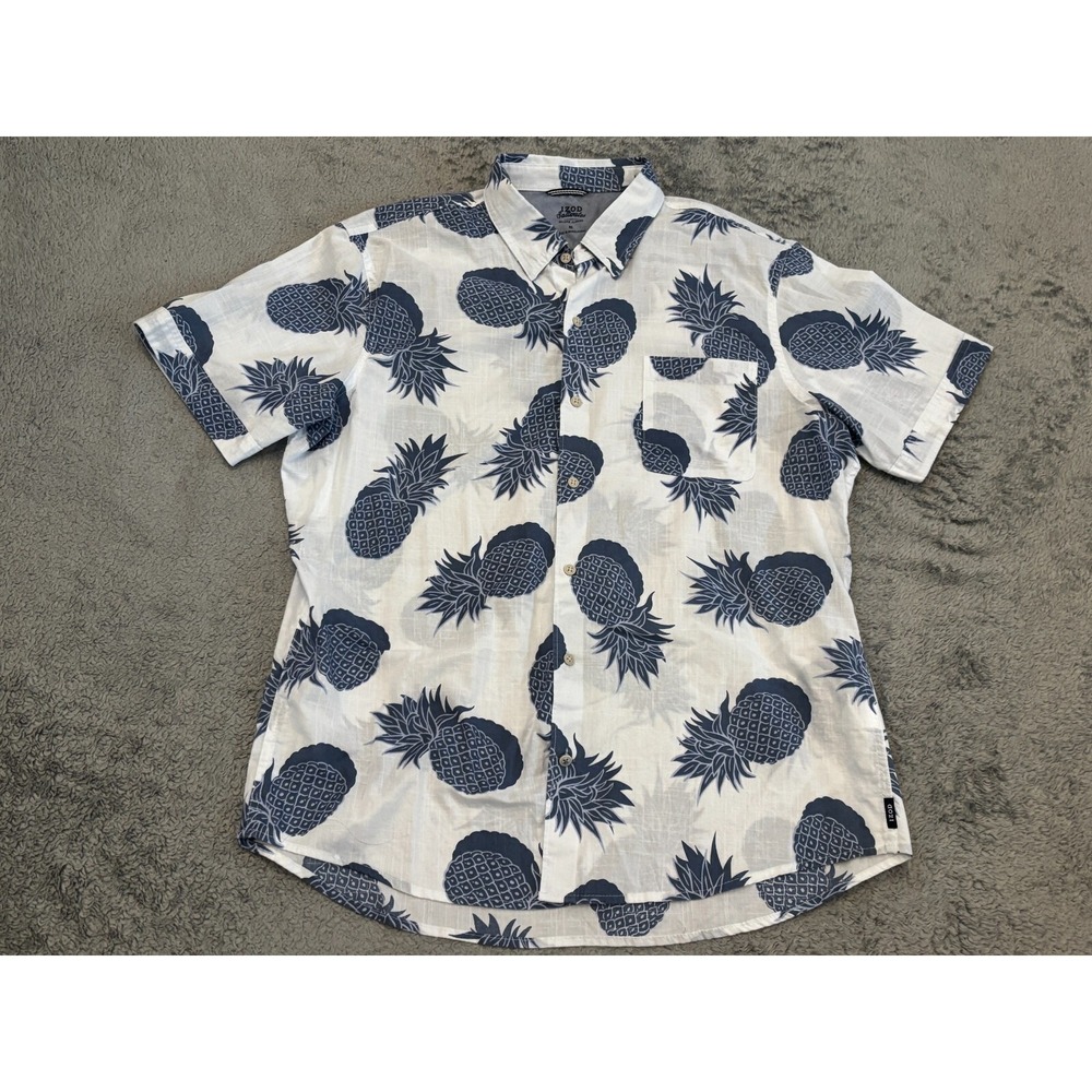 Izod Saltwater Hawaiian Shirt Mens XL White Blue Pineapple Relaxed Coastal